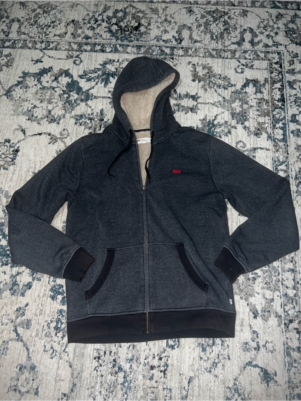 Men's Charcoal Hooded Zip-Up Jacket with Sherpa Lining